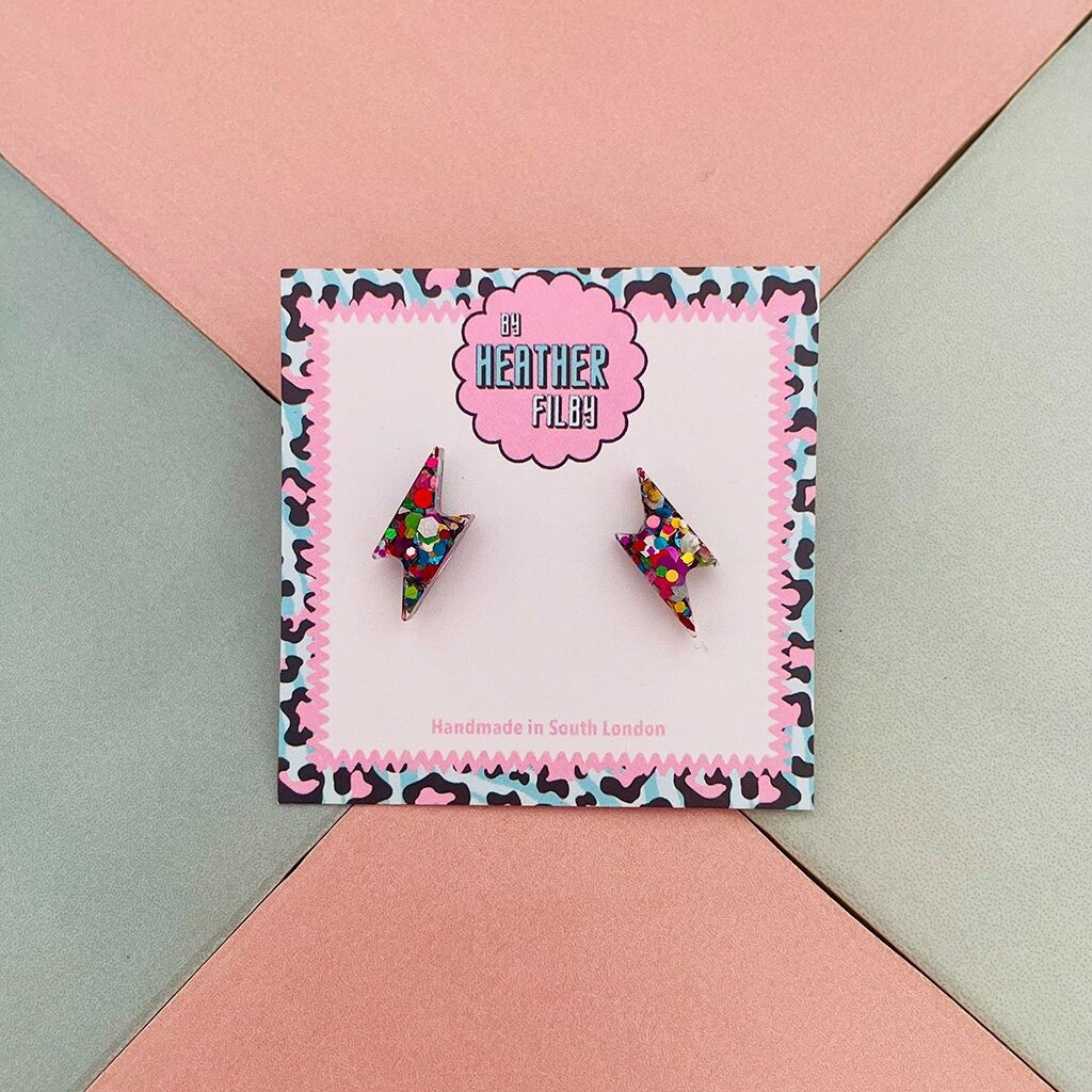 Orecchini a bottone in resina glitterata a forma di fulmine