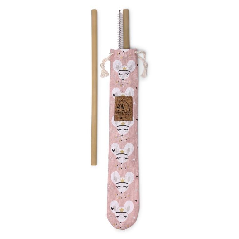 Pocket sewn in France with 2 bamboo straws and a cleaning brush made in France - Mouse fabric