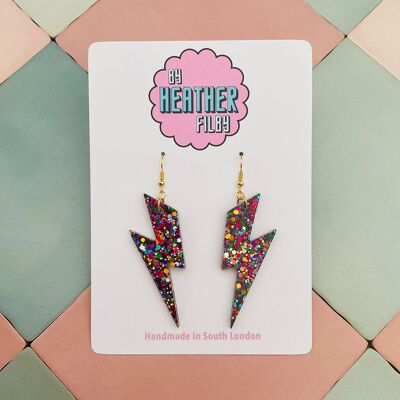 Grandes boucles d'oreilles en résine pailletée en forme d'éclair arc-en-ciel