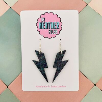 Pendientes grandes de resina con purpurina y rayo negro