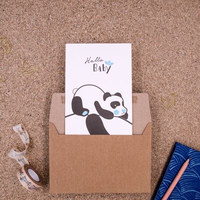 "Hello Baby" (panda, blue) Letterpress A6 folding card with envelope