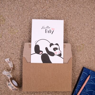 "Hello Baby" (panda, pink) Letterpress A6 folding card with envelope