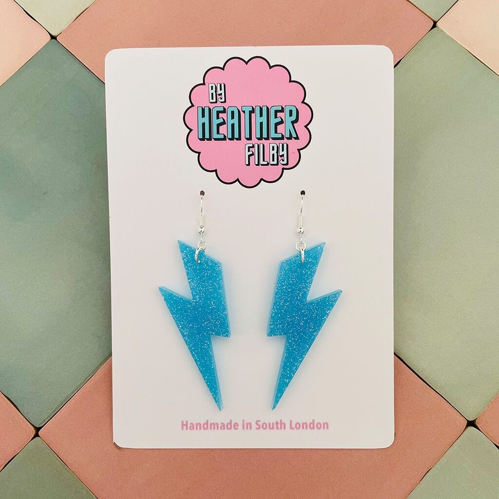 Large Light Blue Lightning Bolt Glitter Resin Earrings