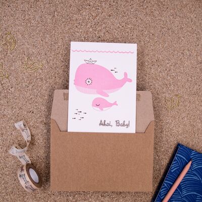 "Ahoj Baby" (whale, pink) Letterpress A6 folding card with envelope