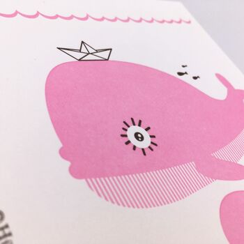 "Ahoj Baby" (baleine, rose) Carte pliante Letterpress A6 avec enveloppe 3