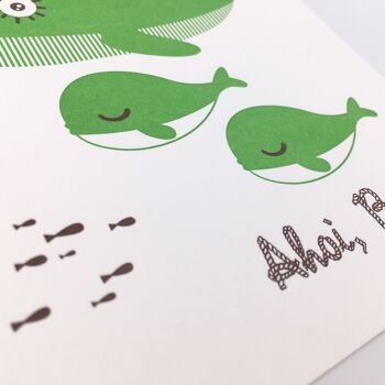 Carte pliante "Ahoj Baby" (baleine, verte) Letterpress A6 avec enveloppe 2