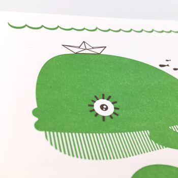 Carte pliante "Ahoj Baby" (baleine, verte) Letterpress A6 avec enveloppe 3