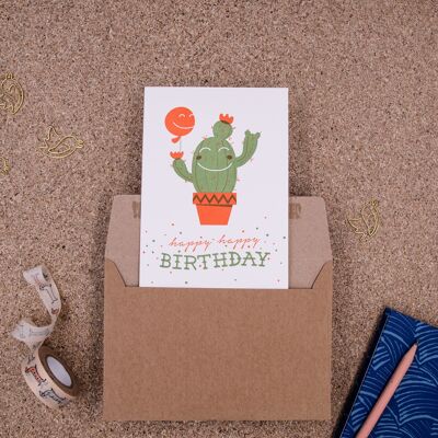 Carte pliante "Happy Birthday" (cactus) Letterpress A6 avec enveloppe