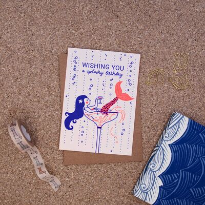 "Splashy birthday" (Mermaid) Birthday Letterpress A6 folding card with envelope