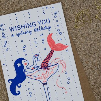 "Anniversaire Splashy" (Sirène) Anniversaire Letterpress A6 carte pliante avec enveloppe 3