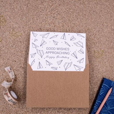 "Good wishes approaching" (paper plane) Birthday Letterpress A6 folding card with envelope