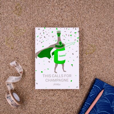"Champagne" (Superhero) Letterpress A6 Postcard