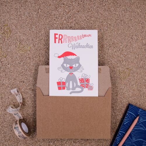 Katze Weihnachtskarte Letterpress A6 Klappkarte mit Umschlag