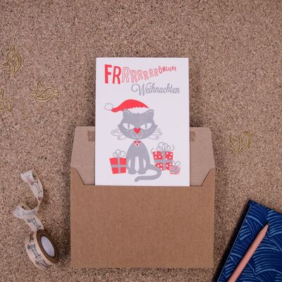Cat Christmas Card Letterpress A6 tarjeta plegable con sobre