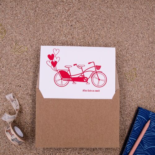 "Alles Gute zu zweit" (Fahrrad) Letterpress A6 Klappkarte mit Umschlag