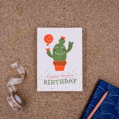 Carte Postale "Joyeux Anniversaire" (Cactus) Letterpress A6