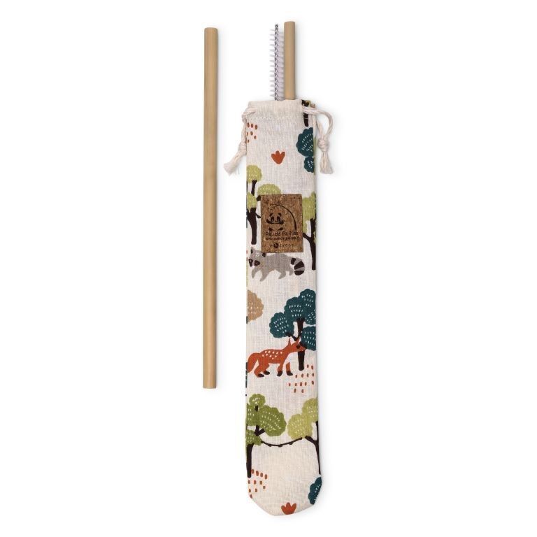 Pocket sewn in France with 2 bamboo straws and a cleaning brush made in France - Forest fabric