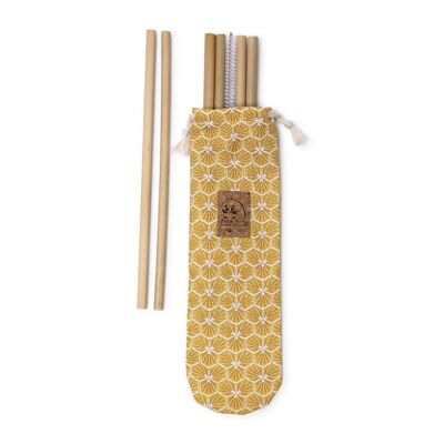 Bolsillo cosido en Francia con 6 pajitas de bambú y un cepillo de limpieza fabricado en Francia - Tela amarilla hexagonal