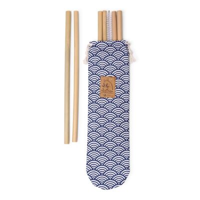 Pochette cousue en France avec 6 pailles en bambou et une brosse de nettoyage made in France - Tissu écailles bleues