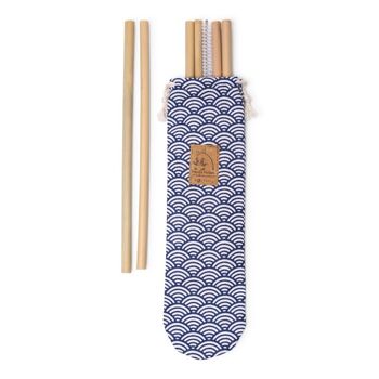 Pochette cousue en France avec 6 pailles en bambou et une brosse de nettoyage made in France - Tissu écailles bleues 1
