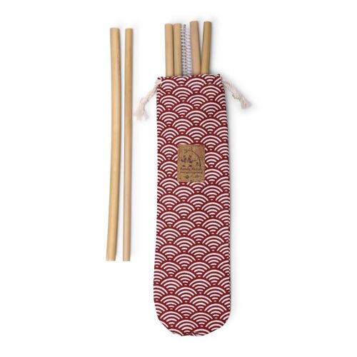 Pochette cousue en France avec 6 pailles en bambou et une brosse de nettoyage made in France - Tissu écailles rouges