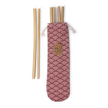 Pochette cousue en France avec 6 pailles en bambou et une brosse de nettoyage made in France - Tissu écailles rouges 1