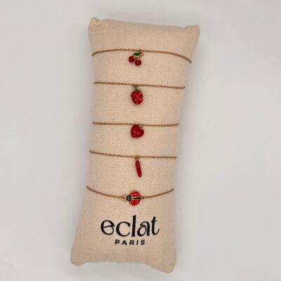 Set of 5 thin gold chain bracelets with red pendants