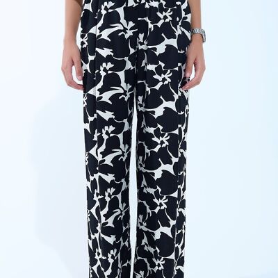 Hawaiian Floral Print Straight Pants in Black and White