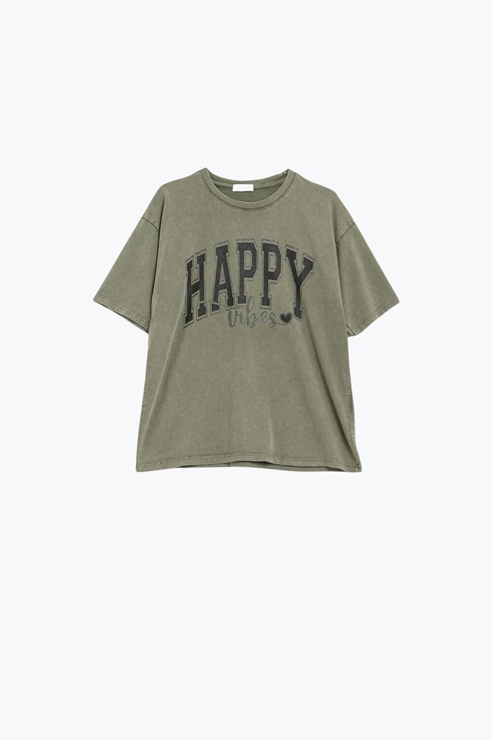 T-shirt rilassata con grafica Happy Vibes verde kaki lavato