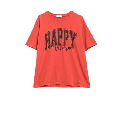 Maglietta rilassata con grafica Happy Vibes di colore rosso