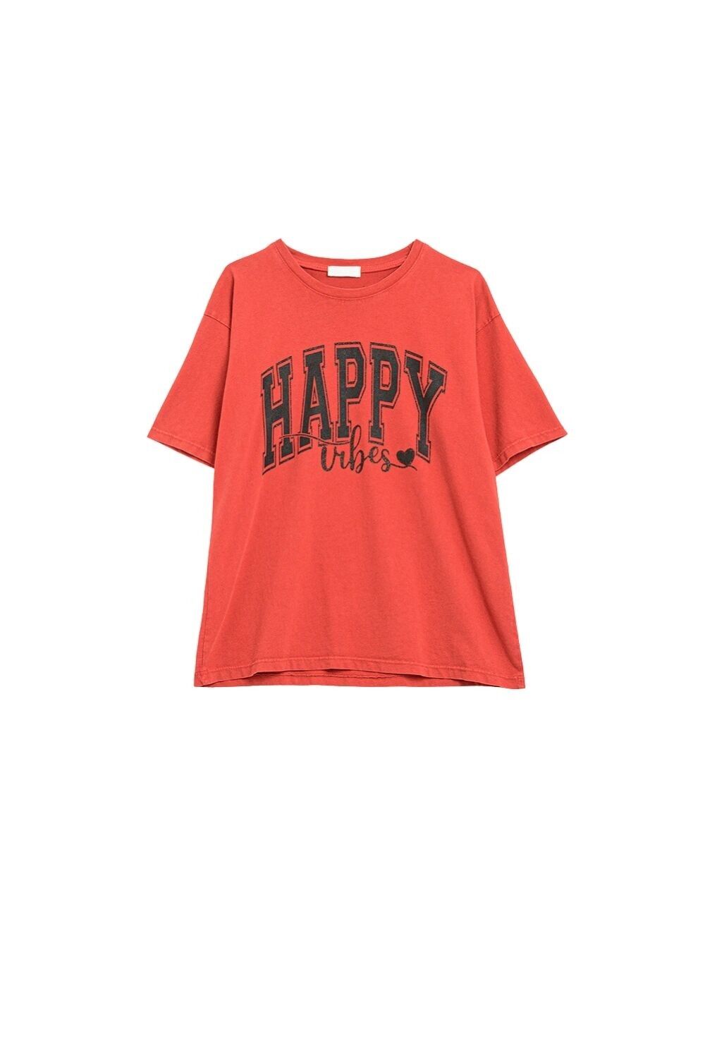 Entspanntes T-Shirt mit Happy Vibes-Grafik in Rot