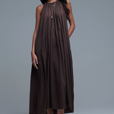 Robe longue marron à col licou avec détails de couture