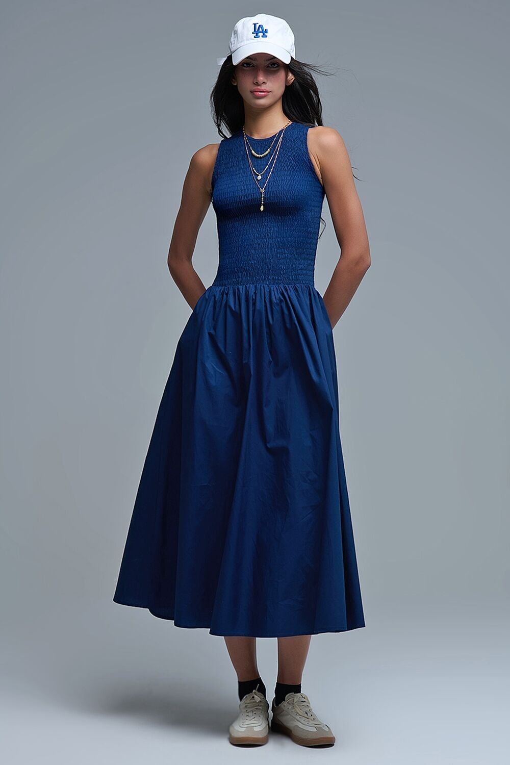 Abito lungo in popeline blu navy con dettaglio arricciato