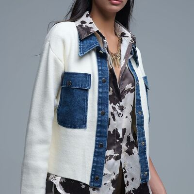 Cream Knitted Cardigan With Blue Denim Details
