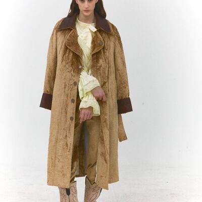 Aurèle – Cappotto lungo con strisce a coste e collo in pelle