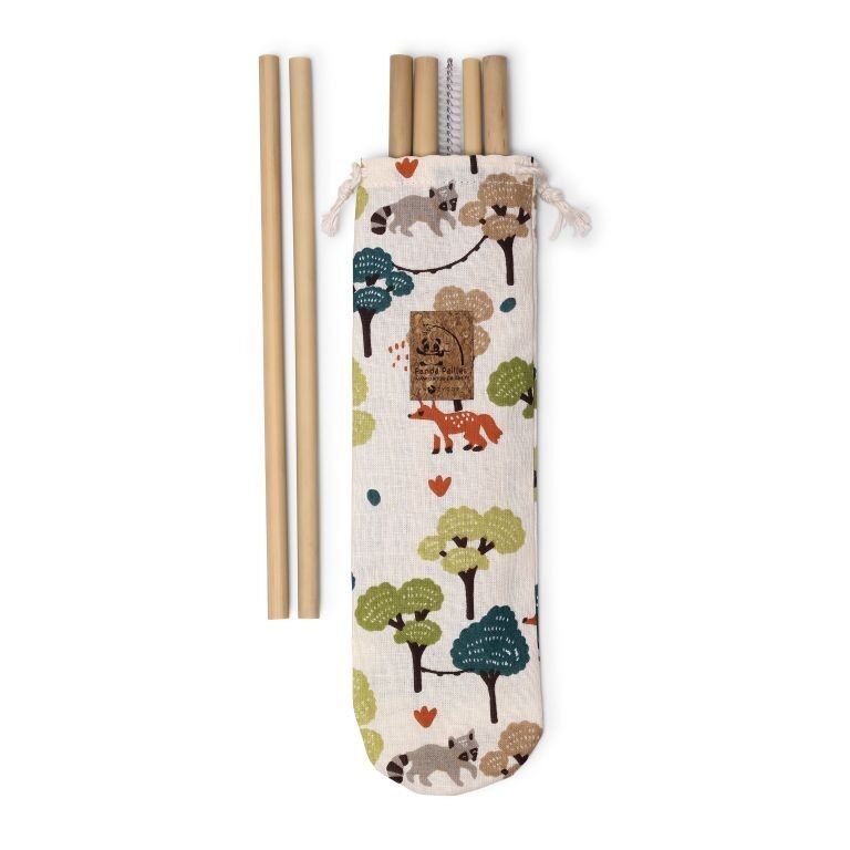 Pocket sewn in France with 6 bamboo straws and a cleaning brush made in France - Forest fabric