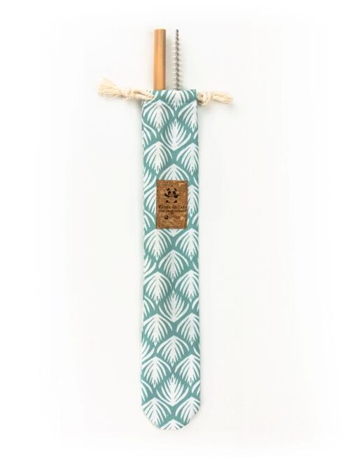 Pochette cousue en France avec 2 pailles en bambou et une brosse de nettoyage made in France - Tissu pétales aqua