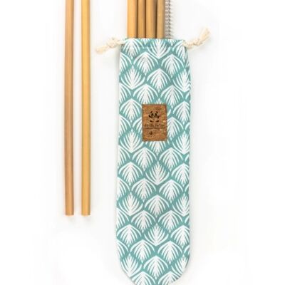 Pochette cousue en France avec 6 pailles en bambou et une brosse de nettoyage made in France - Tissu pétale Aqua