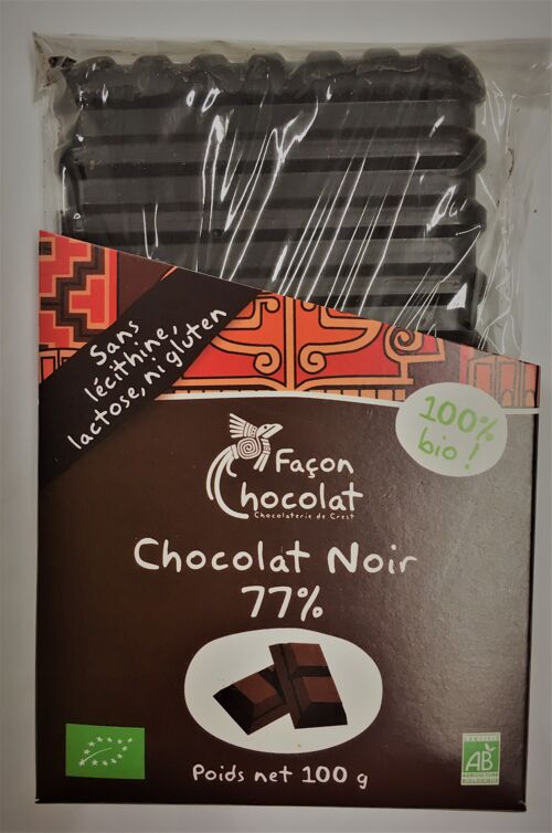 TABLETTE CHOCOLAT NOIR à 77% cacao, BIO, 100g