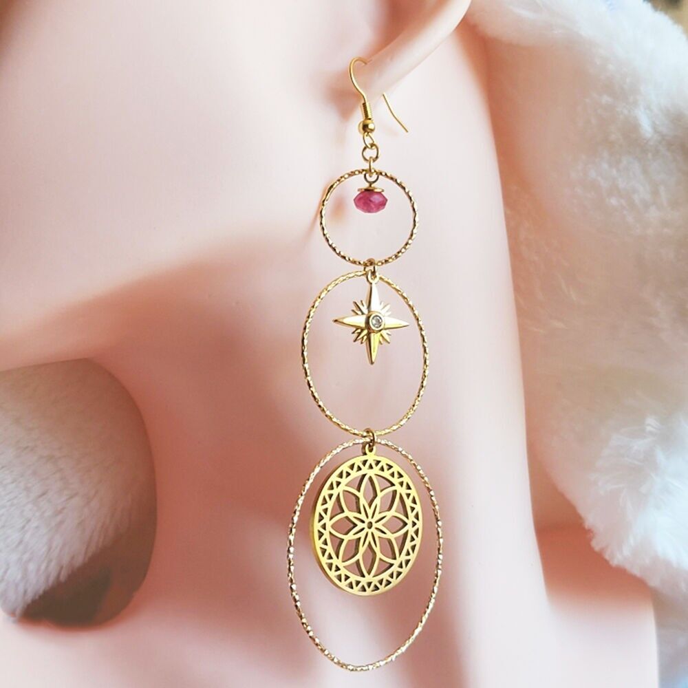 Boucle d'oreille longue Evannah laiton or et tourmaline rose