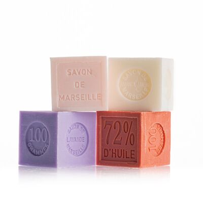Pack of 12 Marseille Soaps - 100g Cube - With organic shea butter - Choice of 4 different fragrances x 3 units of each.