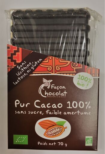 Tablette cacao 100% cacao SANS sucre, BIO, 100g 1