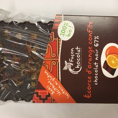 Barra de chocolate negro con piel de naranja confitada, BIO, 100g