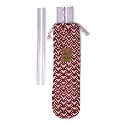 Pouch 6 glass straws and a cleaning brush made in France - Red scale fabric