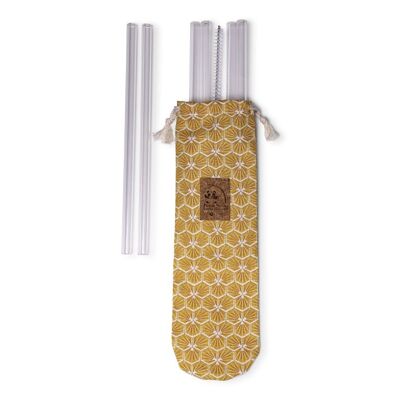 Pouch 6 glass straws and a cleaning brush made in France - Yellow hexagon fabric