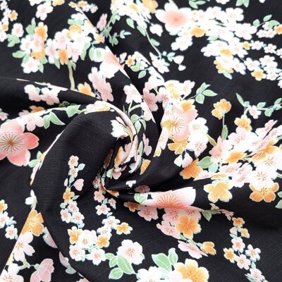 Japanese fabric - Sakura branch on black background made in Japan 100% cotton