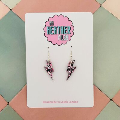 Small Pink and Black Lightning Bolt Glitter Resin Earrings