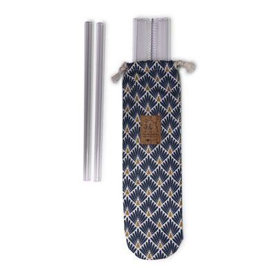 Pouch 6 glass straws and a cleaning brush made in France - Blue and gold peacock fabric