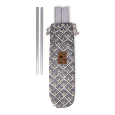 Pouch 6 glass straws and a cleaning brush made in France - Gray and gold peacock fabric