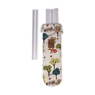 Pouch 6 glass straws and a cleaning brush made in France - Forest Fabric